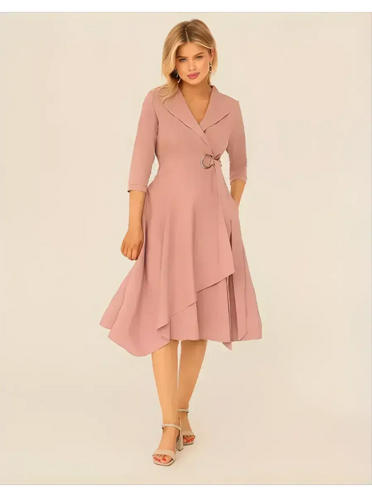 Blush Charm Midi Dress with wrap design and asymmetric hem, perfect for weddings and formal events.
