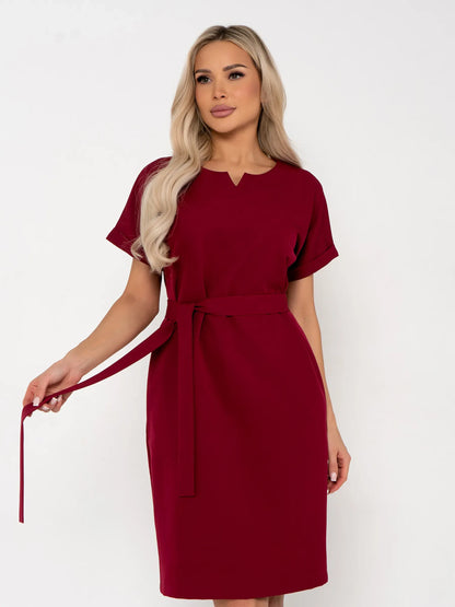 Crimson Code mini dress in wine-red with structured sheath silhouette and detachable belt, perfect for summer weddings and formal events.