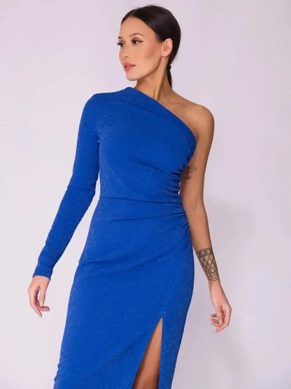 Elegant sapphire curve maxi dress featuring a one-shoulder design, thigh-high slit, and flattering silhouette.