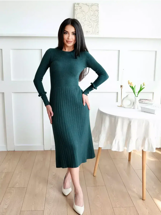 Emerald Grace Midi Dress featuring ribbed knit, pleated texture, and pearl-style buttons, ideal for weddings or formal events.