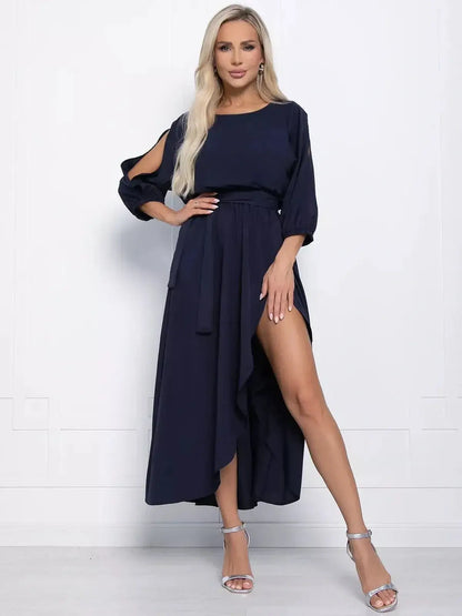 Elegant Sapphire Grace Midi Dress featuring a boat neckline and slit sleeves, perfect for weddings and summer events.