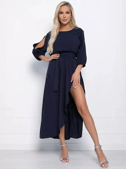 Elegant Sapphire Grace Midi Dress featuring a boat neckline and slit sleeves, perfect for weddings and summer events.
