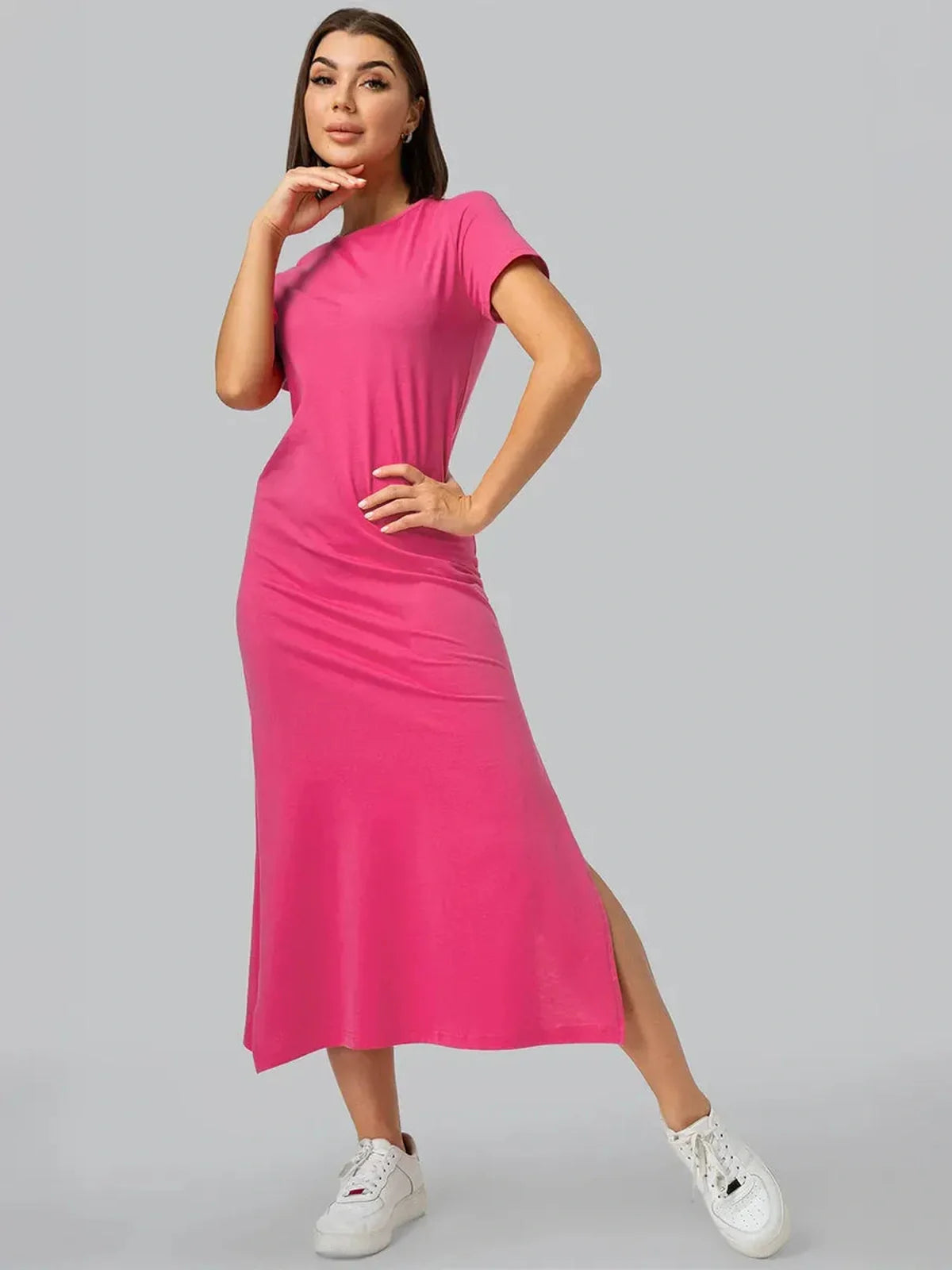 Breeze Midi Dress in vibrant pink with side slits, perfect for summer weddings or casual outings.
