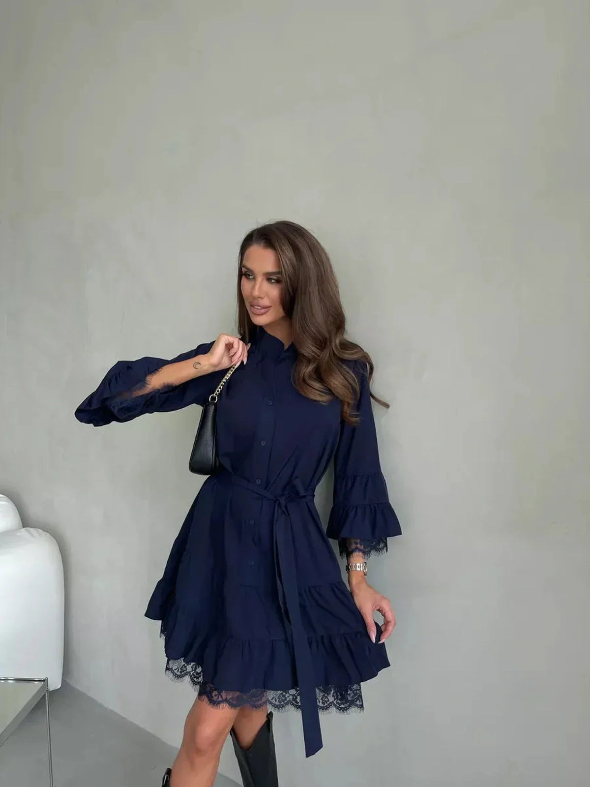 Navy blue lace flare mini dress with ruffles, perfect for summer, weddings, and special occasions, showcasing elegant women's fashion.