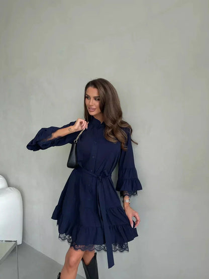 Navy blue lace flare mini dress with ruffles, perfect for summer, weddings, and special occasions, showcasing elegant women's fashion.