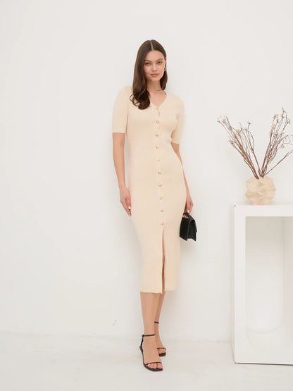 Elegant Pearl Knit Midi Dress featuring a fitted silhouette, V-neckline, and gold-toned buttons, perfect for various occasions.