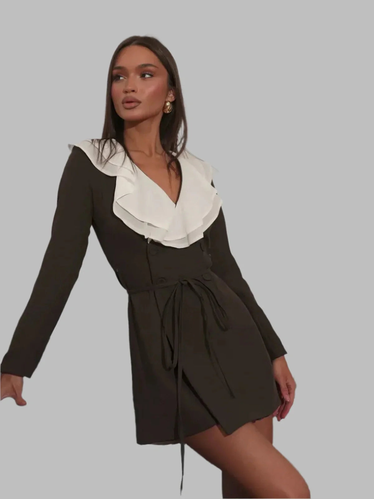 Chic Flair Mini Dress featuring a dark brown silhouette with a white cascading collar, perfect for formal and casual occasions.