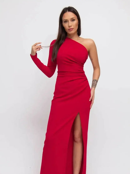 Elegant red maxi dress with a one-shoulder design and thigh-high slit, perfect for formal occasions.