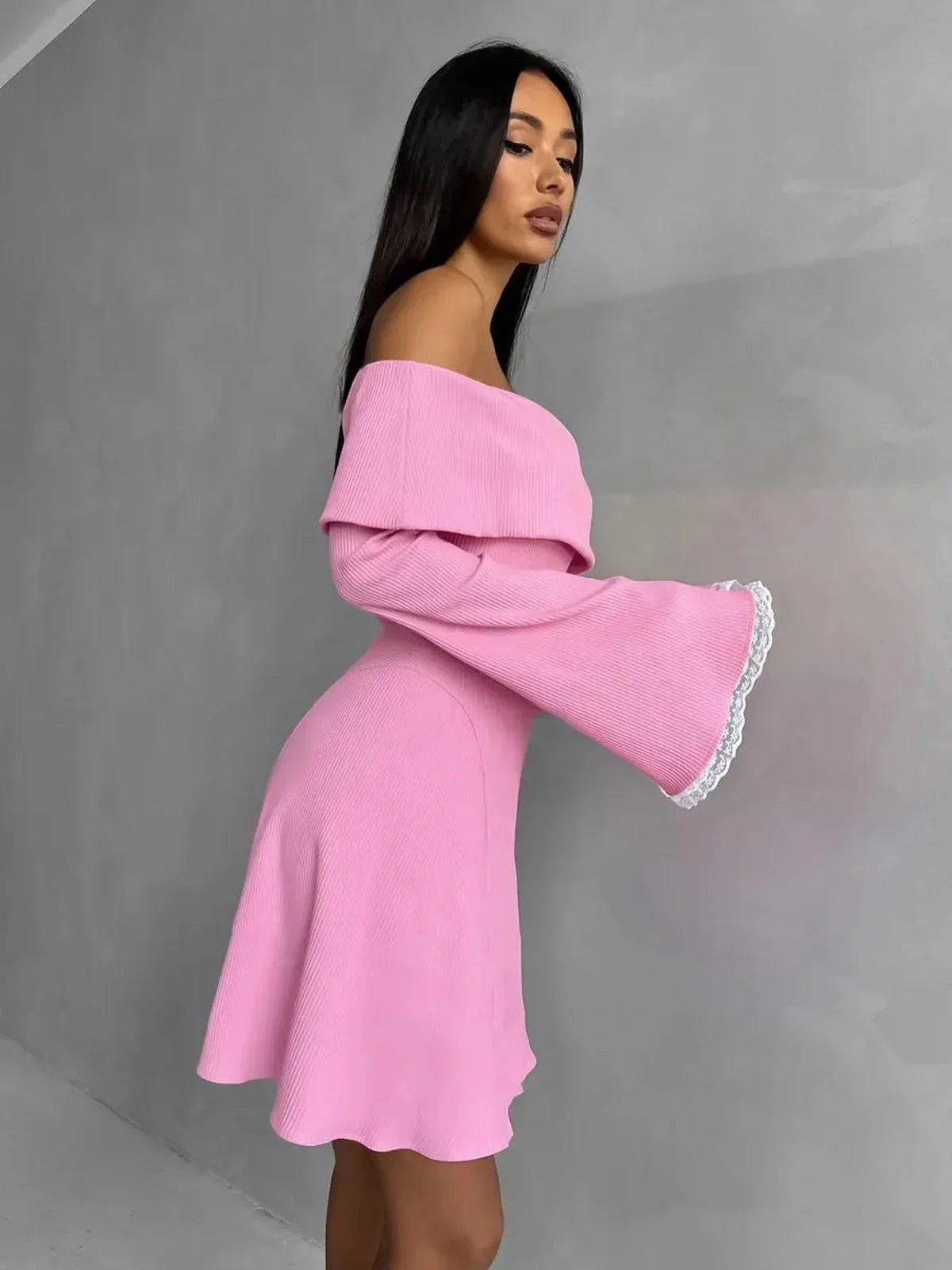 Blush Belle Mini Dress - Off-shoulder pink dress with flared lace cuffs, perfect for summer events and weddings.