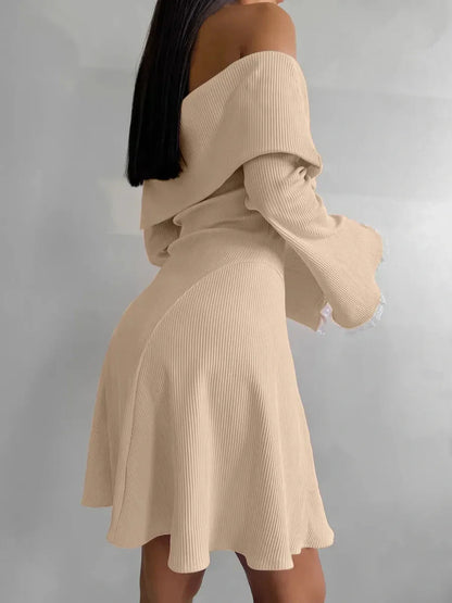Beige Muse Mini Dress featuring off-shoulder silhouette, flared skirt, and lace-trimmed sleeves, perfect for summer and formal occasions.