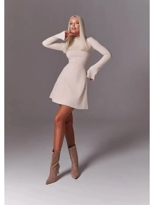 Ivory flare mini dress with bell sleeves, showcasing modern elegance and chic style for women.