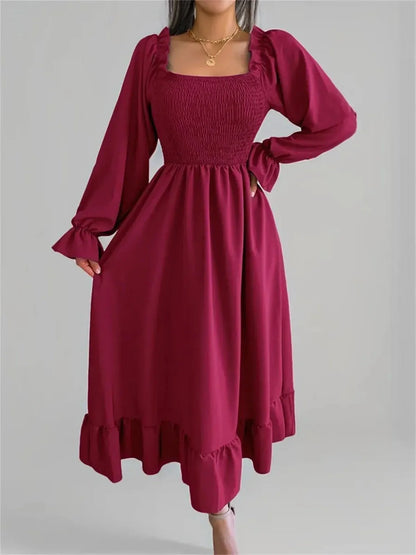 Elegant burgundy Velina Midi Dress with square neck and ruffled hemline, perfect for weddings and formal occasions.