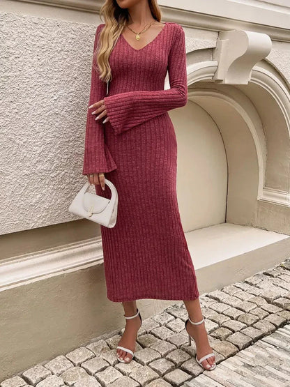 Chestnut Charm Midi Dress featuring ribbed knit, flared sleeves, and a flattering silhouette perfect for elegant gatherings.