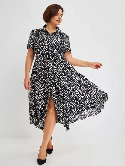 Monaco Midi Dress in black and white print, featuring a shirt-dress silhouette, ideal for summer and formal occasions.