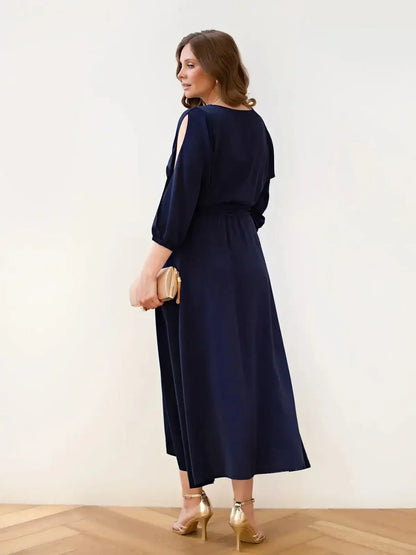 Elegant Noir Grace Midi Dress with cutouts, perfect for weddings, proms, and formal occasions.