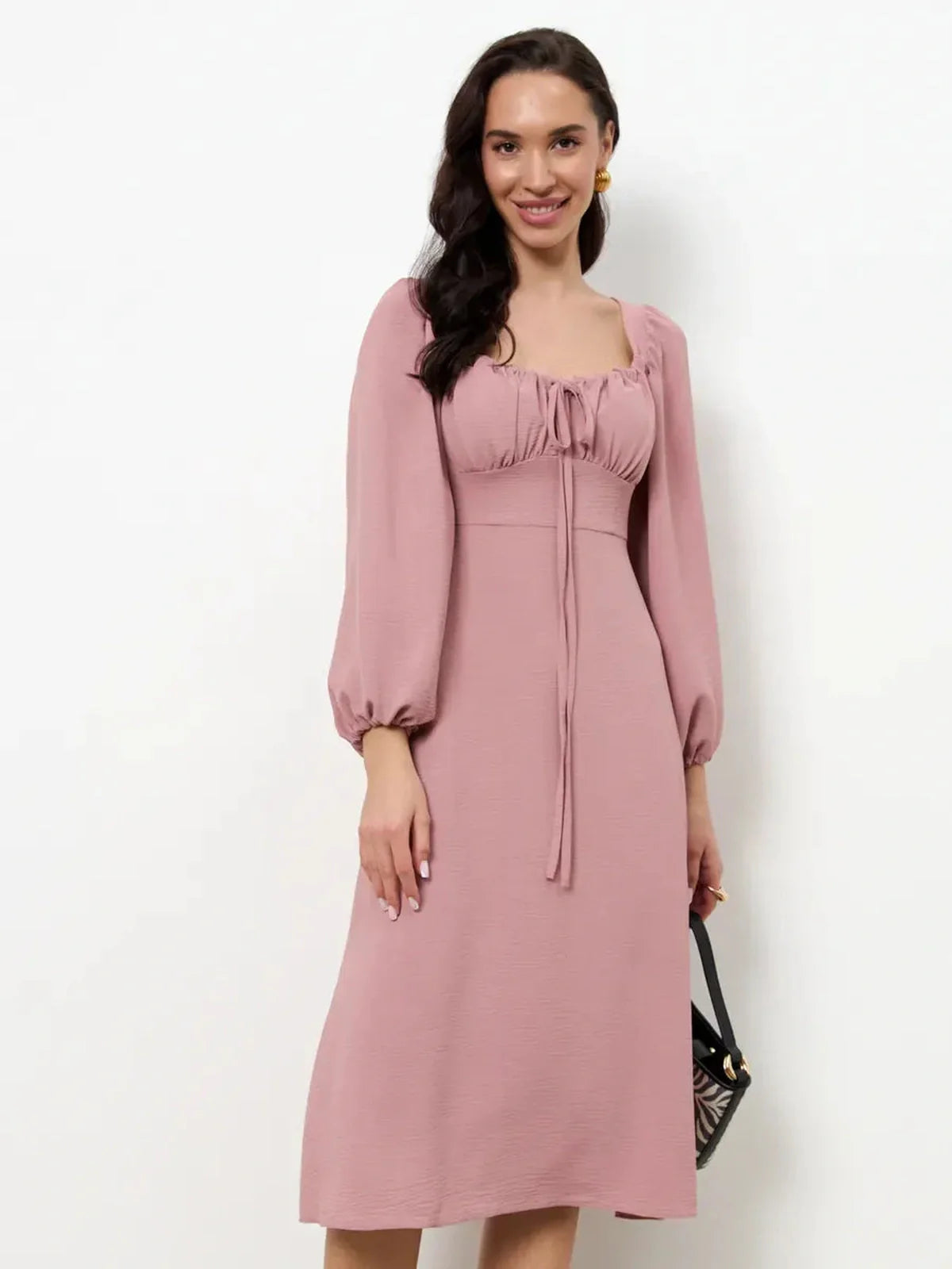 Blush Charm Midi Dress featuring romantic puff sleeves and square neckline, perfect for weddings and summer events.