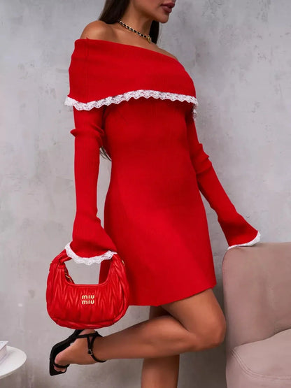 Off-shoulder red mini dress with lace trim, perfect for summer parties and cocktail events, paired with a chic handbag.