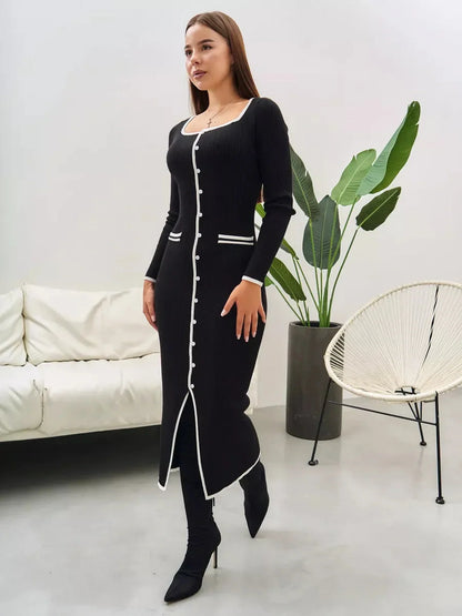 Contrast Button Midi Dress in black with white trim, showcasing a chic and sophisticated style for women.