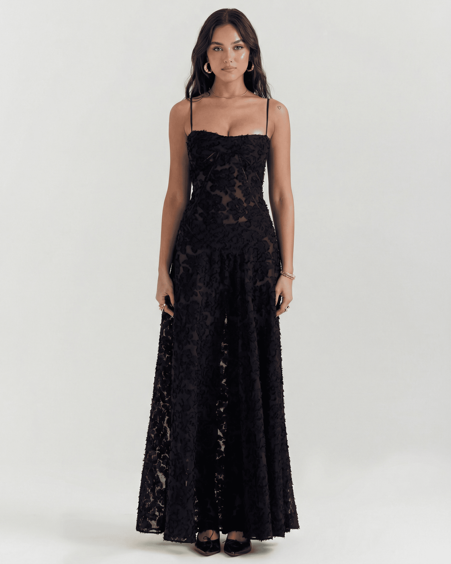 Nerina Maxi Dress by Slimona in black floral lace with elegant back detail and adjustable straps.