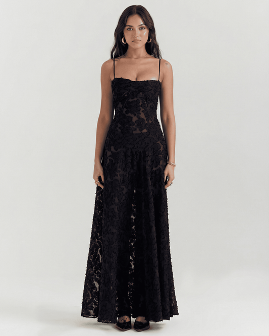 Nerina Maxi Dress by Slimona in black floral lace with elegant back detail and adjustable straps.