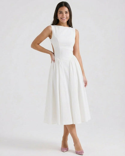 Elysia Midi Dress by Slimona, elegant A-Line midi dress with open back detail and classic crew neckline.