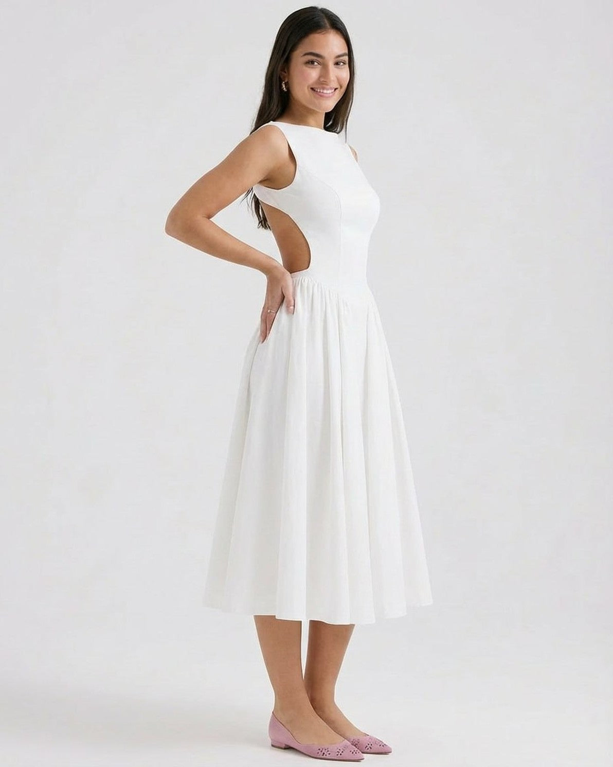 Elysia Midi Dress by Slimona, elegant A-Line sleeveless design with open back detail, perfect for special occasions.