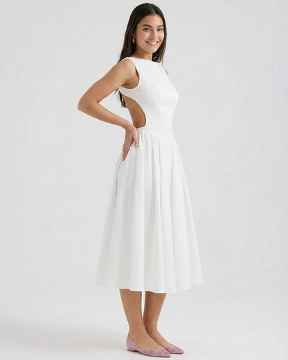 Elysia Midi Dress by Slimona, elegant A-Line sleeveless design with open back detail, perfect for special occasions.