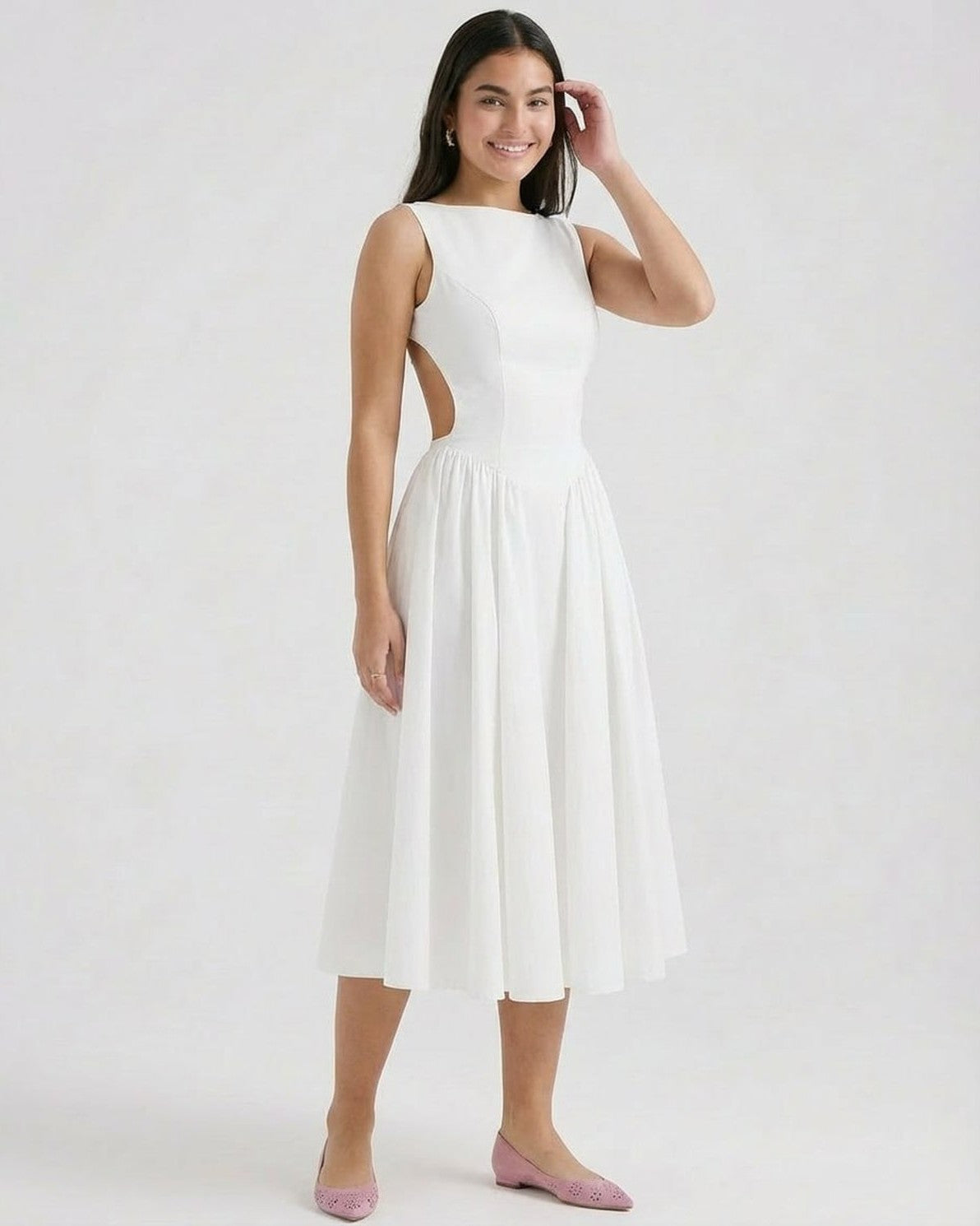 Elysia Midi Dress by Slimona - Elegant A-Line with Open Back Detail and Flattering Silhouette