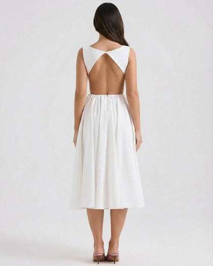 Elysia Midi Dress by Slimona featuring an elegant open back detail and an A-Line silhouette.