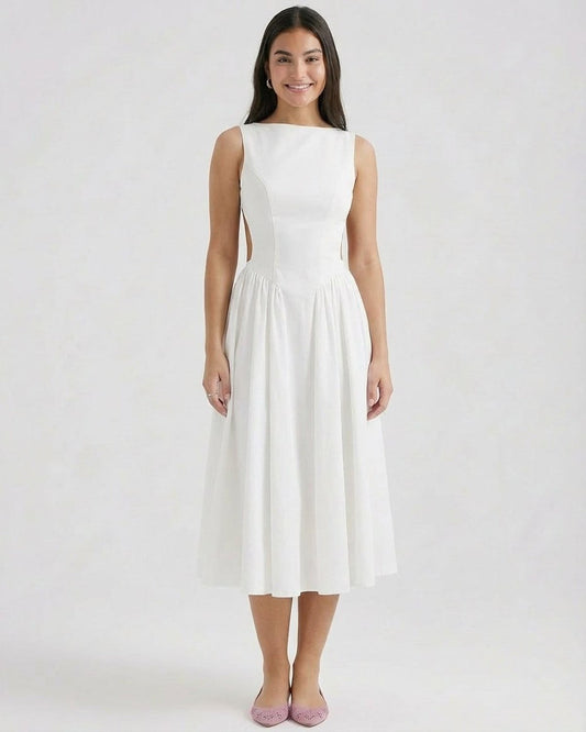 Elysia Midi Dress by Slimona, elegant A-line shape with open back detail, perfect for special occasions and daytime events.