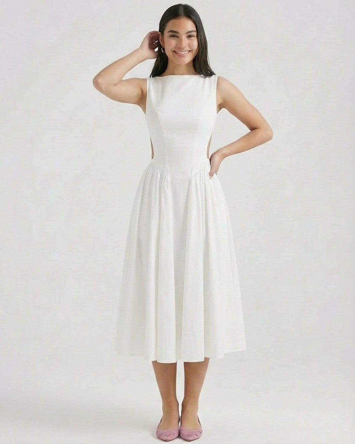 Elysia Midi Dress by Slimona - Elegant A-Line Midi with Open Back Detail, perfect for special occasions.