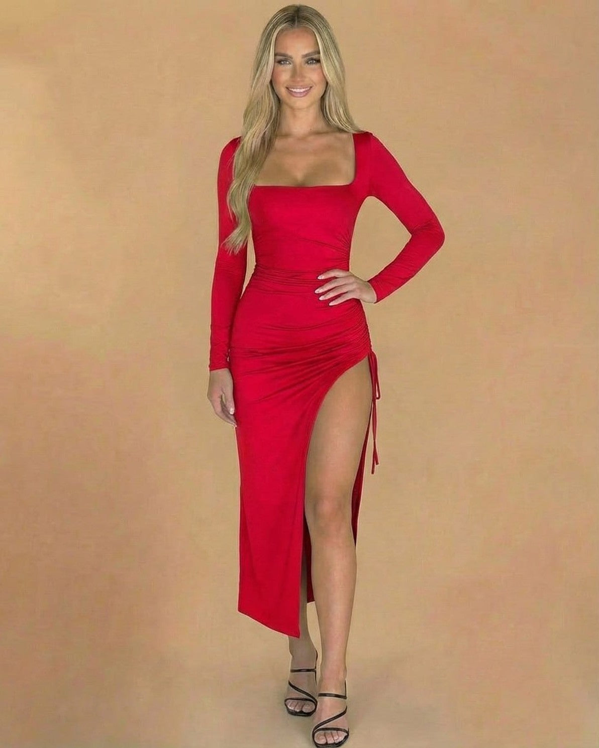 Ravenna Midi Dress by Slimona — Red bodycon midi dress with long sleeves and a stylish slit.