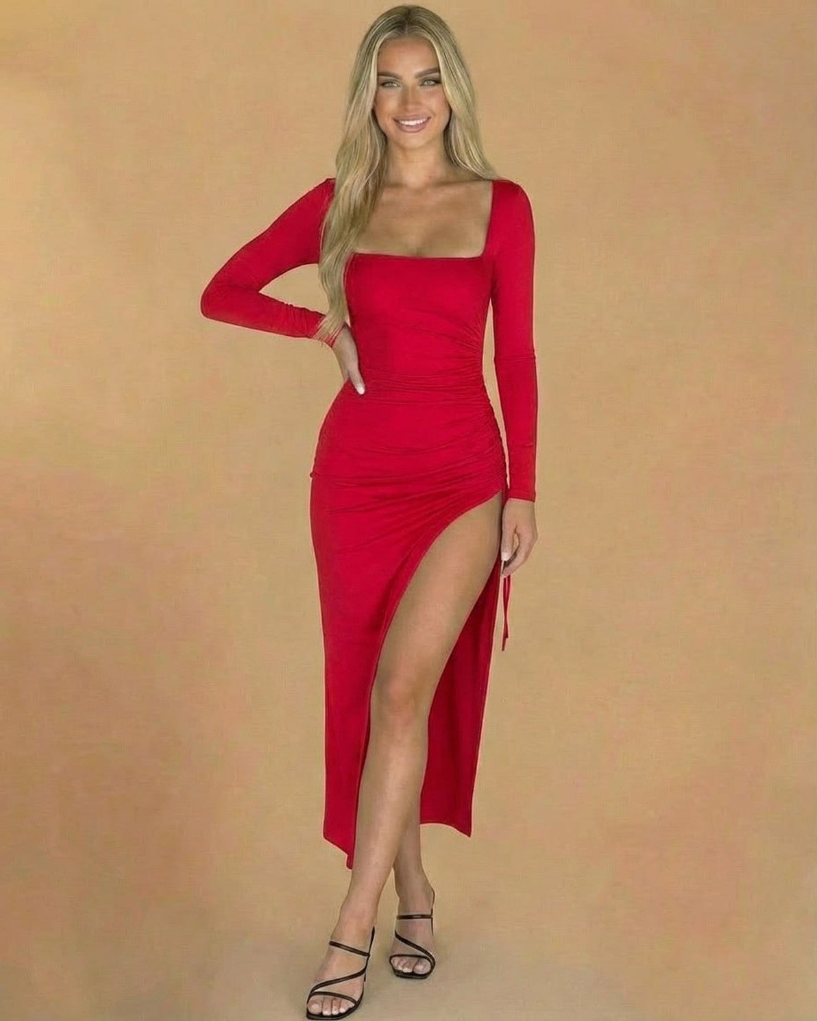 Ravenna Midi Dress by Slimona, red bodycon midi dress with square neckline and side slit on model.