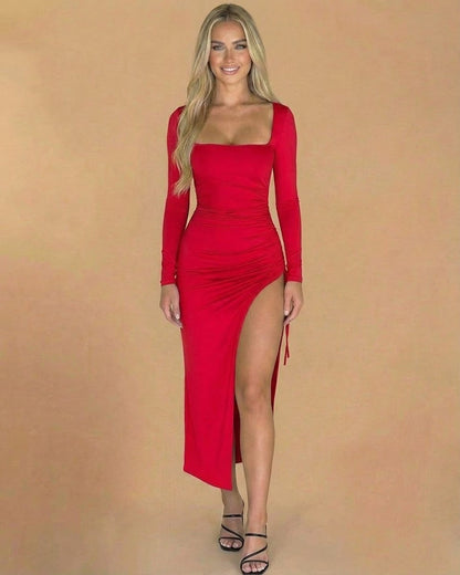 Ravenna Midi Dress by Slimona, red bodycon midi dress with square neck and thigh-high slit, perfect for elegant occasions.