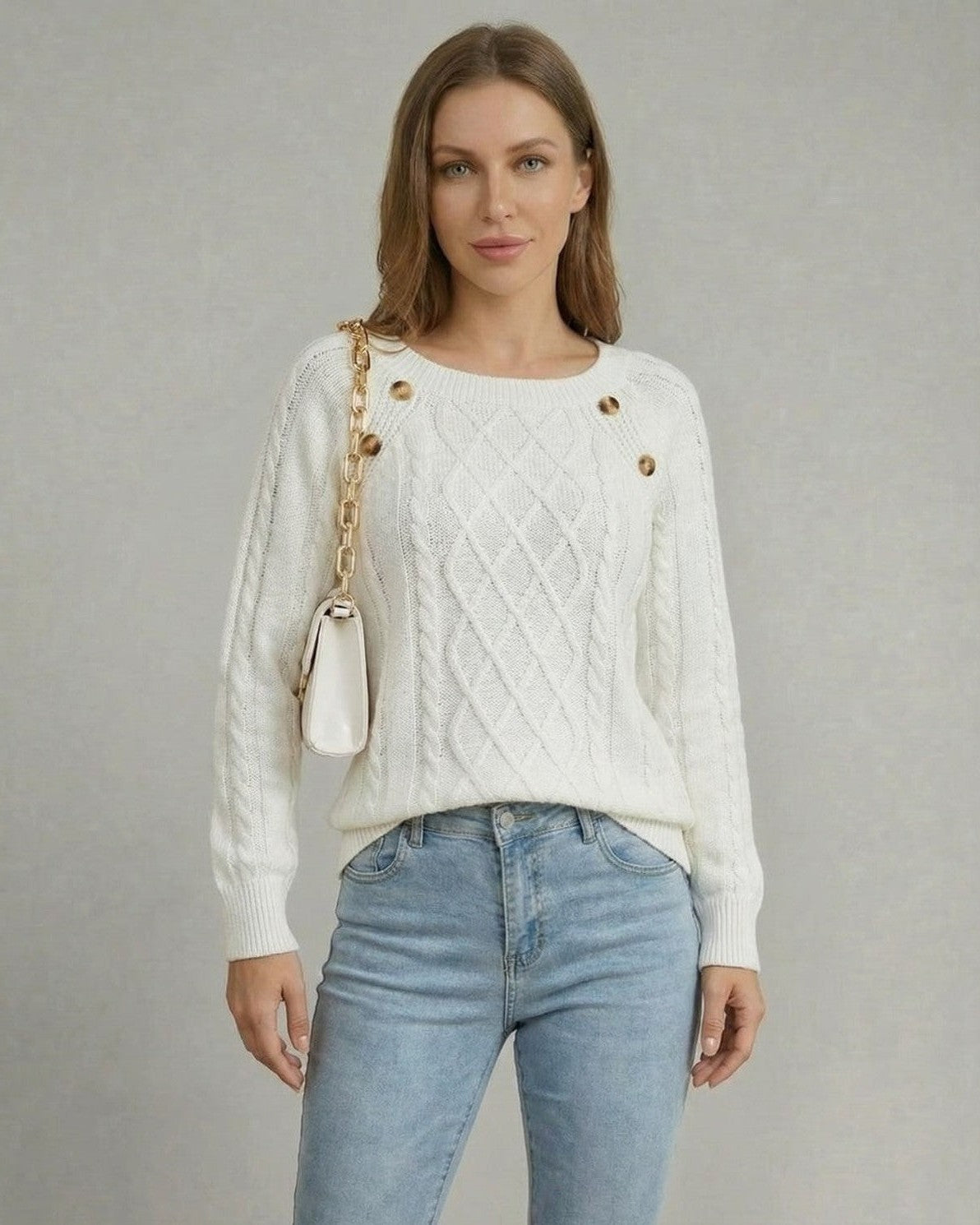 Luna Pullover by Slimona, featuring a cable knit texture and a square collar, perfect for everyday layering.