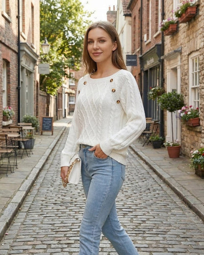 Luna Pullover by Slimona, a women's cable knit sweater with square collar, in a charming street setting.