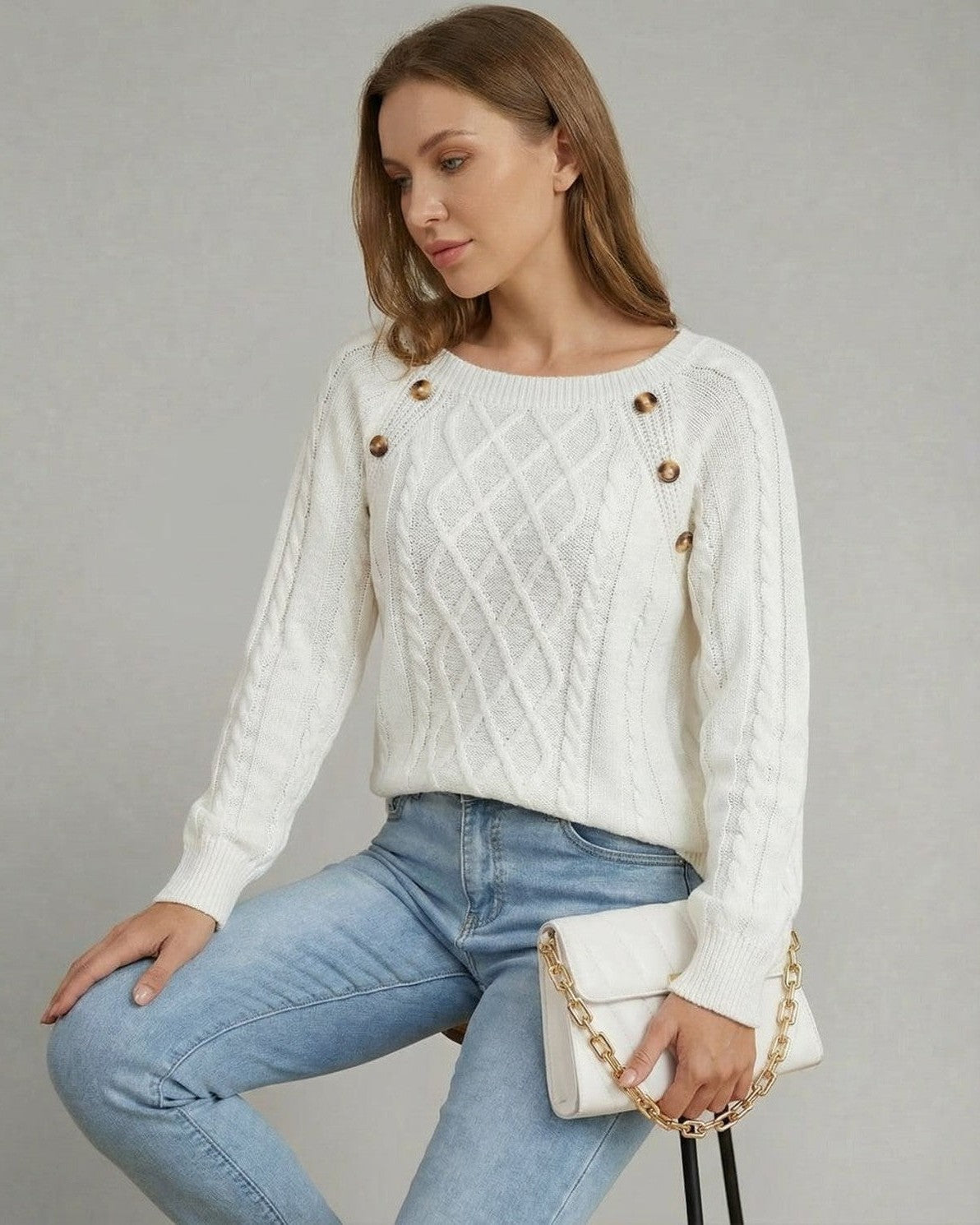 Luna Pullover by Slimona, cable knit square collar sweater in white, perfect for relaxed yet polished everyday wear.