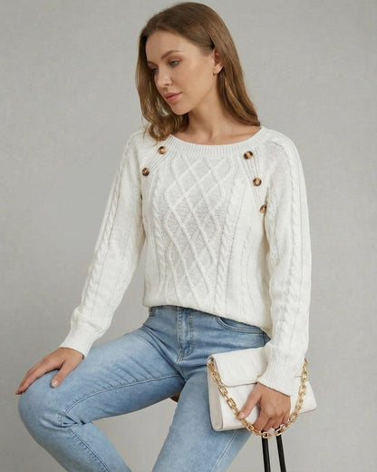 Luna Pullover by Slimona, cable knit square collar sweater in white, perfect for relaxed yet polished everyday wear.