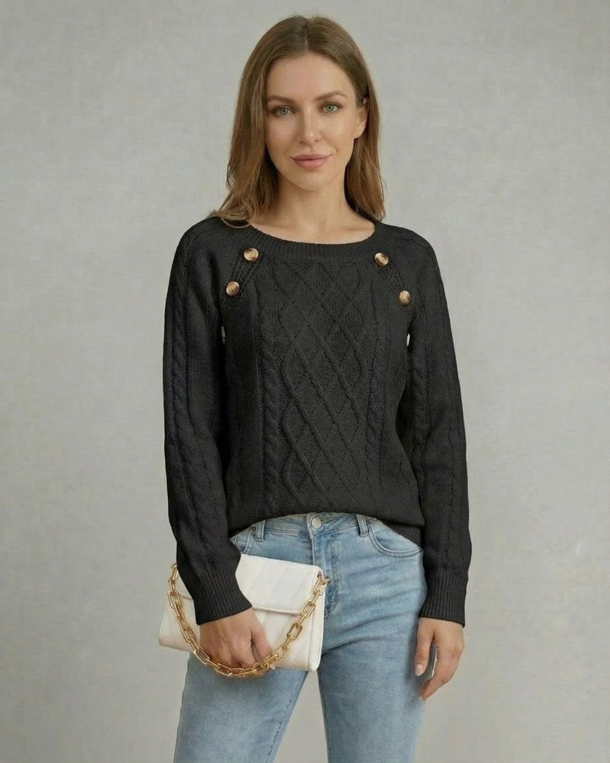Nyx Pullover by Slimona - black cable knit sweater with square collar and buttons, perfect for seasonal wardrobes.