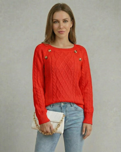 Scarlet Pullover by Slimona featuring a vibrant red cable knit design and structured square collar.