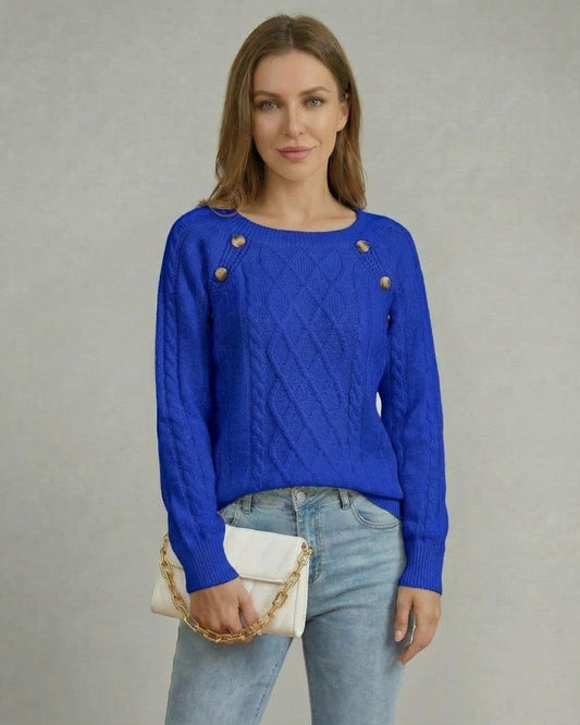 Azure Pullover by Slimona, a vibrant blue cable knit sweater with a square collar and stylish button details.
