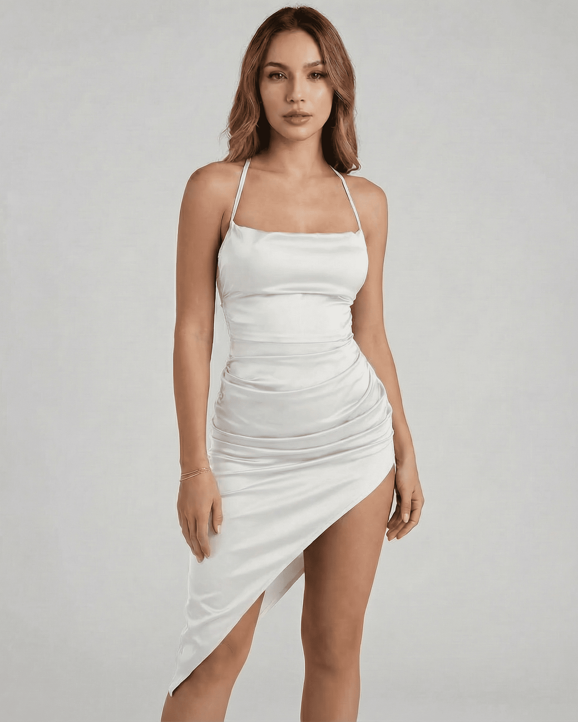 Aurelia Midi Dress by Slimona - Elegant satin bodycon dress with strappy open back and high-waist silhouette.