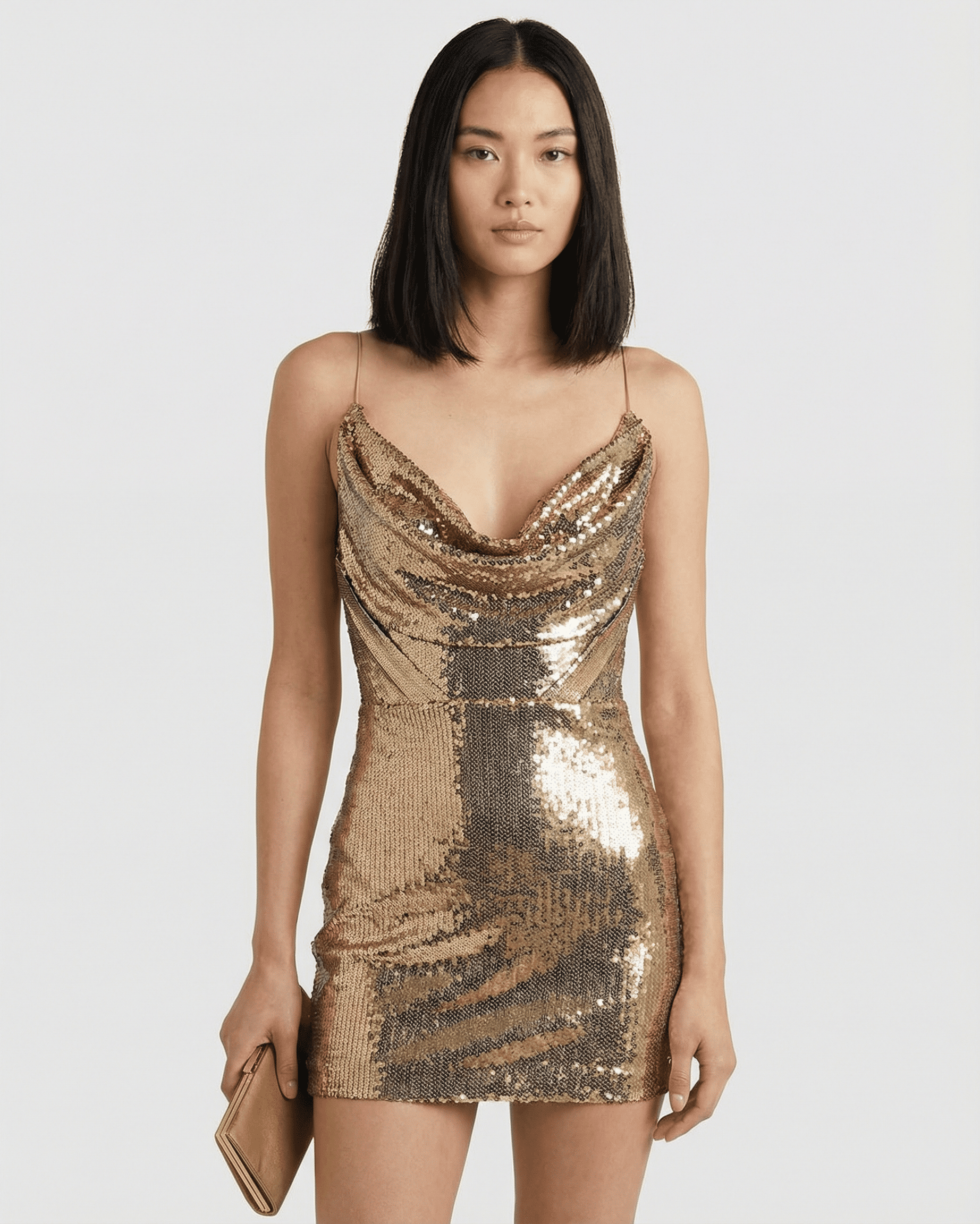 Aurelia Mini Dress by Slimona - Gold sequin V-neck sleeveless mini dress with elegant draped front.