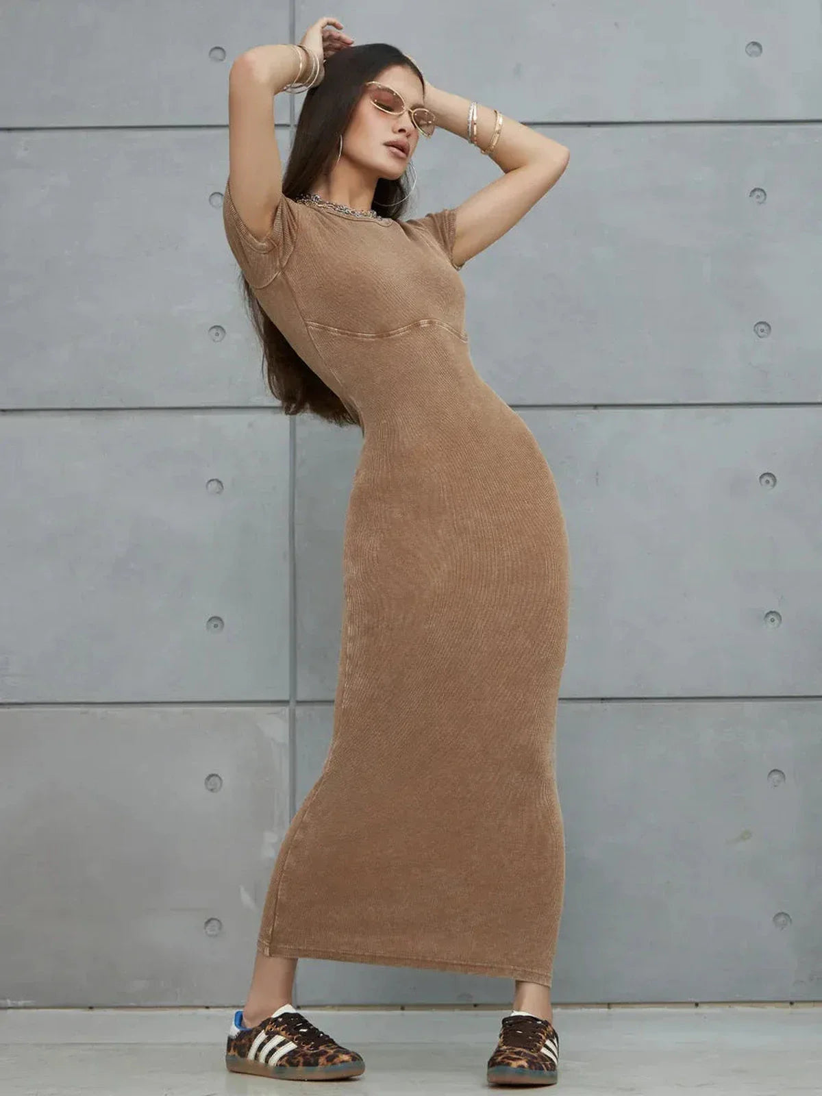 Sculpted Ease Maxi Dress in washed tobacco hue, featuring a fitted silhouette, perfect for summer and versatile occasions.