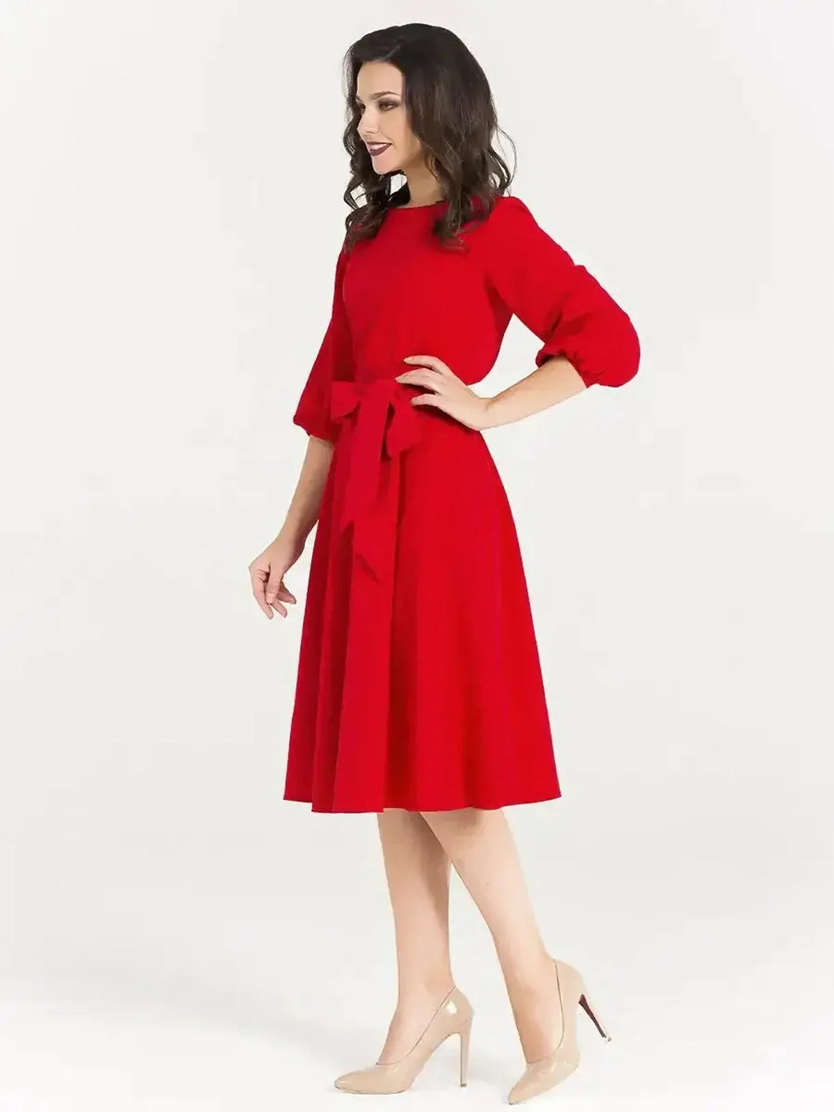 Scarlet Poise Midi Dress in bold red, featuring balloon sleeves and a tie waist, perfect for weddings and formal events.