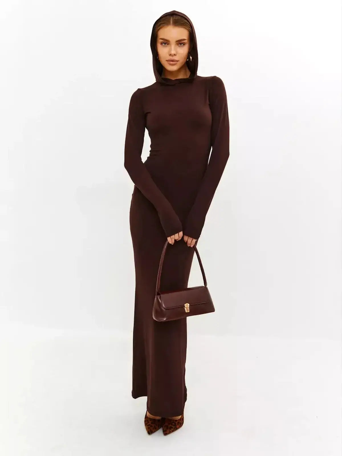 Sculpt Maxi Dress in rich chocolate tone, featuring hooded detail and sleek silhouette, ideal for casual and formal wear.