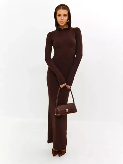 Sculpt Maxi Dress in rich chocolate tone, featuring hooded detail and sleek silhouette, ideal for casual and formal wear.