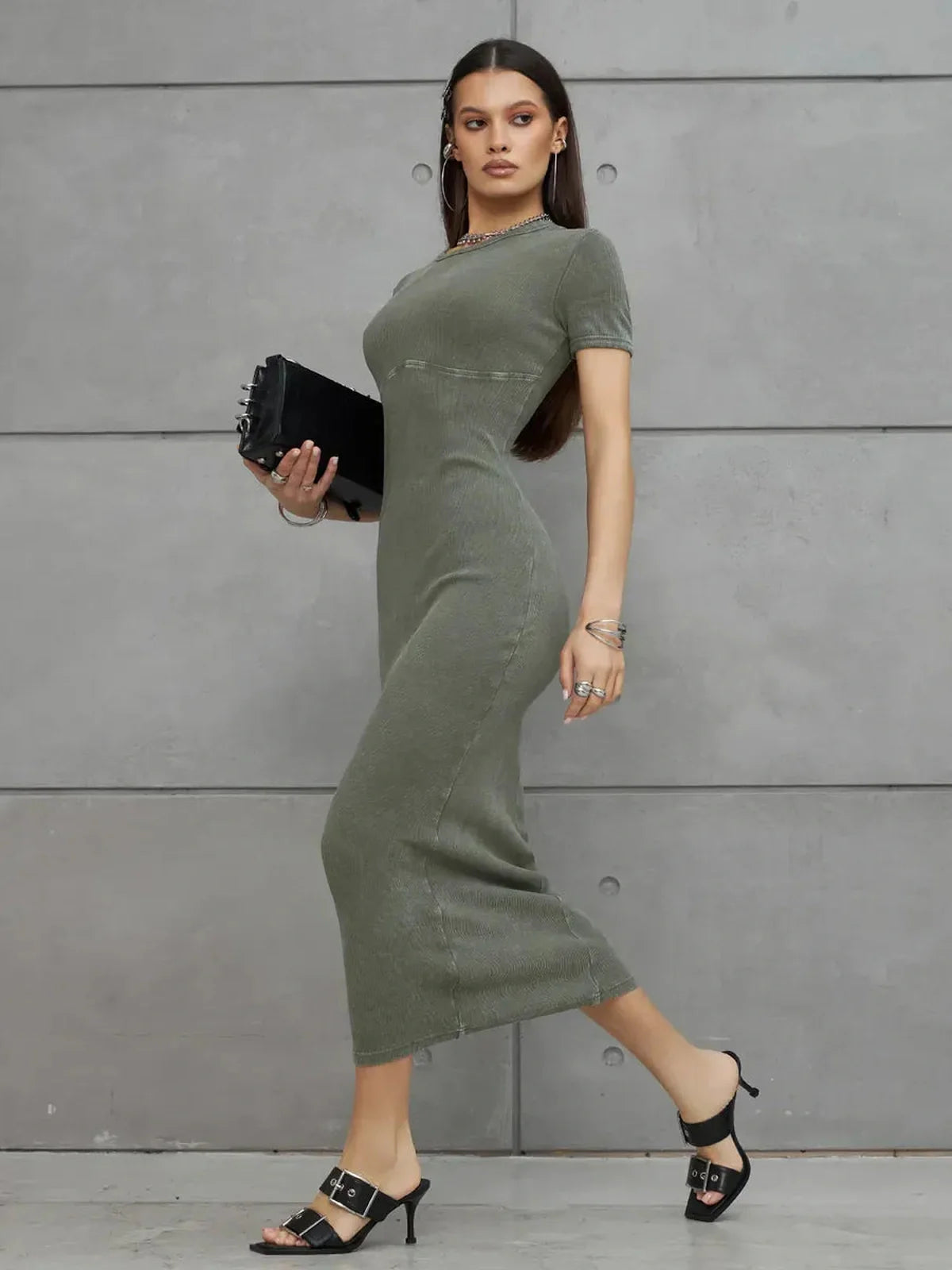 Olive Line Maxi Dress featuring a fitted khaki green ribbed knit, perfect for summer weddings and formal events.