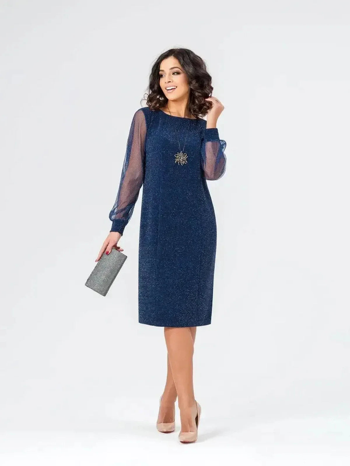 Celeste Midi Dress in navy with sheer sleeves, perfect for weddings, cocktail parties, and elegant evening events.