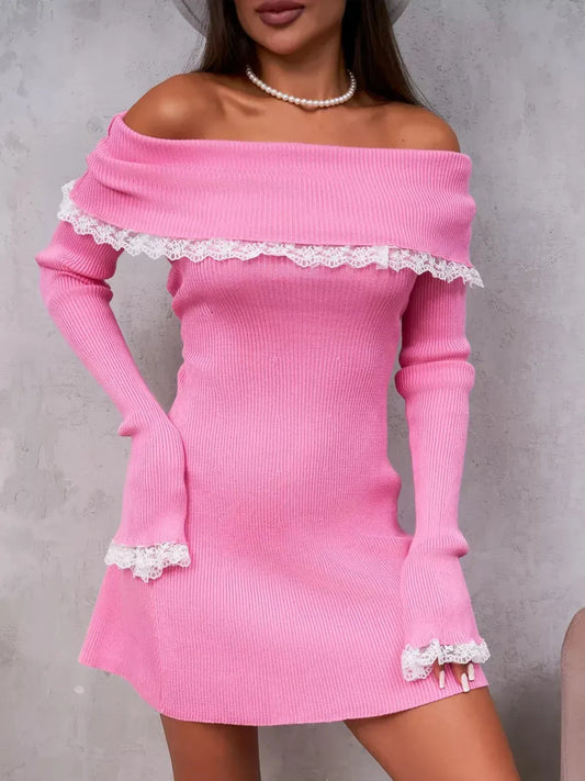 Pink lace Bardot mini dress, off-shoulder style, perfect for summer parties and special occasions in women's clothing.
